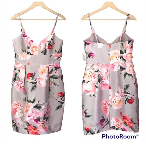 ELIZA J Mikado Floral Print Cocktail Dress Spaghetti Strap Gray Pink Size 8 New - Picture 2 of 14